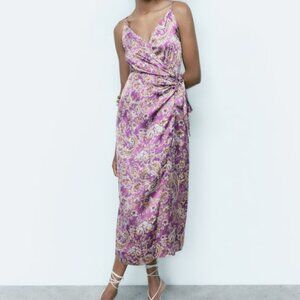 ZARA MULTICOLOR SATIN EFFECT PRINT WRAP DRESS